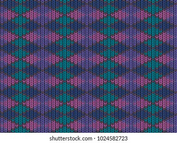 Seamless background with imitation of a knitted sweater. Simple geometric pattern in winter theme. Sample and template of knitted article. Vector illustration. Rhombus shapes. Purple threads.