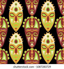Seamless Background. Indian Seamless Pattern with Color Masks for Poster or Banner. Ethnic Seamless Pattern with Color Trible Shamanic Masks for your Design. Vector Texture.