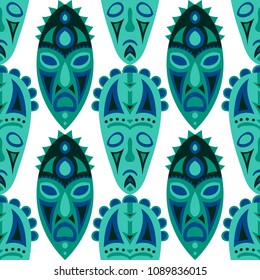 Seamless Background. Indian Seamless Pattern with Color Masks for Poster or Banner. Ethnic Seamless Pattern with Color Trible Shamanic Masks for your Design. Vector Texture.