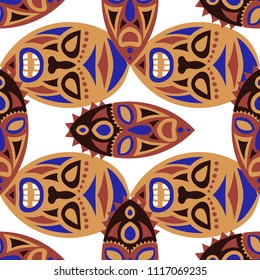 Seamless Background. Indian Seamless Pattern with Color Masks for Textile or Paper. Ethnic Seamless Pattern with Color Trible Shamanic Masks for your Design. Vector Texture.