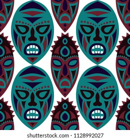 Seamless Background. Indian Seamless Pattern with Color Masks for Textile or Paper. Ethnic Seamless Pattern with Color Trible Shamanic Masks for your Design. Vector Texture.
