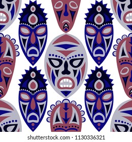 Seamless Background. Indian Seamless Pattern with Color Masks for Poster or Banner. Ethnic Seamless Pattern with Color Trible Shamanic Masks for your Design. Vector Texture.
