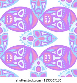 Seamless Background. Indian Seamless Pattern with Color Masks for Poster or Banner. Ethnic Seamless Pattern with Color Trible Shamanic Masks for your Design. Vector Texture.