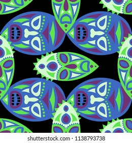 Seamless Background. Indian Seamless Pattern with Color Masks for Card or Poster. Ethnic Seamless Pattern with Color Trible Shamanic Masks for your Design. Vector Texture.