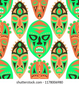 Seamless Background. Indian Seamless Pattern with Color Masks for Card or Poster. Ethnic Seamless Background with Color Trible Ritual Masks for your Design. Vector Texture.