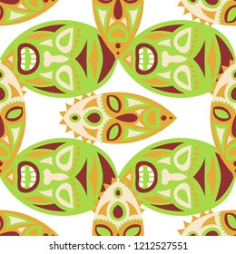 Seamless Background. Indian Seamless Pattern with Color Masks for Textile or Paper. Ethnic Seamless Pattern with Color Trible Shamanic Masks for your Design. Vector Texture.