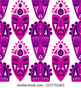 Seamless Background. Indian Seamless Pattern with Color Masks for Poster or Banner. Ethnic Seamless Background with Color Trible Ritual Masks for your Design. Vector Texture.