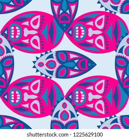 Seamless Background. Indian Seamless Pattern with Color Masks for Poster or Banner. Ethnic Seamless Pattern with Color Trible Shamanic Masks for your Design. Vector Texture.