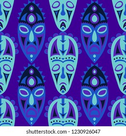 Seamless Background. Indian Seamless Pattern with Color Masks for Print or Card. Ethnic Seamless Pattern with Color Trible Shamanic Masks for your Design. Vector Texture.