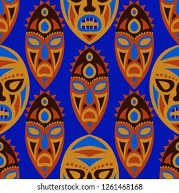 Seamless Background. Indian Seamless Pattern with Color Masks for Poster or Banner. Ethnic Seamless Background with Color Trible Ritual Masks for your Design. Vector Texture.