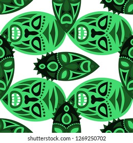 Seamless Background. Indian Seamless Pattern with Color Masks for Poster or Banner. Ethnic Seamless Pattern with Color Trible Shamanic Masks for your Design. Vector Texture.