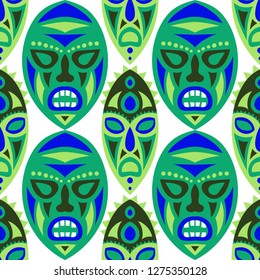 Seamless Background. Indian Seamless Pattern with Color Masks for Print or Card. Ethnic Seamless Pattern with Color Trible Shamanic Masks for your Design. Vector Texture.