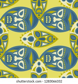 Seamless Background. Indian Seamless Pattern with Color Masks for Poster or Banner. Ethnic Seamless Background with Color Trible Ritual Masks for your Design. Vector Texture.