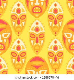 Seamless Background. Indian Seamless Pattern with Color Masks for Print or Card. Ethnic Seamless Background with Color Trible Ritual Masks for your Design. Vector Texture.