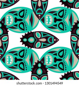 Seamless Background. Indian Seamless Pattern with Color Masks for Textile or Paper. Ethnic Seamless Pattern with Color Trible Shamanic Masks for your Design. Vector Texture.