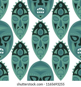 Seamless Background. Indian Seamless Background with Ritual Masks for Print or Card. Ethnic Seamless Pattern with Color Trible Shamanic Masks for your Design. Vector Texture.