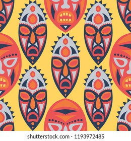 Seamless Background. Indian Seamless Background with Ritual Masks for Print or Card. Ethnic Seamless Background with Color Trible Ritual Masks for your Design. Vector Texture.