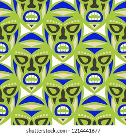 Seamless Background. Indian Seamless Background with Ritual Masks for Print or Card. Ethnic Seamless Pattern with Color Trible Shamanic Masks for your Design. Vector Texture.