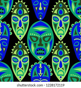 Seamless Background. Indian Seamless Background with Ritual Masks for Print or Card. Ethnic Seamless Pattern with Color Trible Shamanic Masks for your Design. Vector Texture.