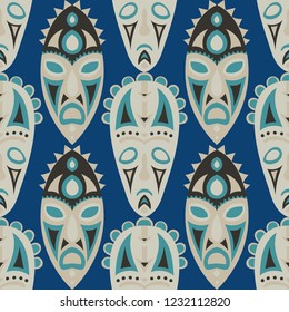 Seamless Background. Indian Seamless Background with Ritual Masks for Textile or Paper. Ethnic Seamless Background with Color Trible Ritual Masks for your Design. Vector Texture.