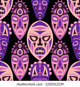 Seamless Background. Indian Seamless Background with Ritual Masks for Card or Poster. Ethnic Seamless Pattern with Color Trible Shamanic Masks for your Design. Vector Texture.