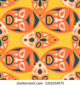 Seamless Background. Indian Seamless Background with Ritual Masks for Card or Poster. Ethnic Seamless Background with Color Trible Ritual Masks for your Design. Vector Texture.