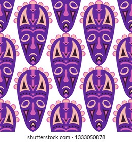 Seamless Background. Indian Seamless Background with Ritual Masks for Poster or Banner. Ethnic Seamless Background with Color Trible Ritual Masks for your Design. Vector Texture.