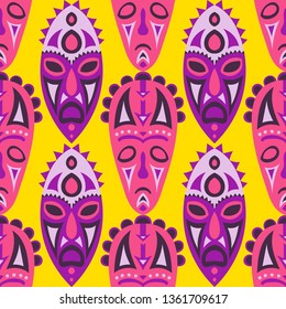 Seamless Background. Indian Seamless Background with Ritual Masks for Card or Poster. Ethnic Seamless Pattern with Color Trible Shamanic Masks for your Design. Vector Texture.