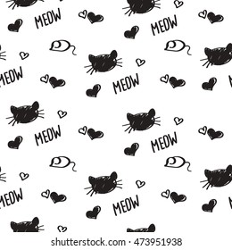 Seamless background ink scrawl, faces of cats, hearts drawn by hand.