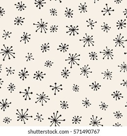 Seamless background with inking abstract flowers or fireworks. Monochrome abstract geometric pattern.  Vector hand drawn texture.