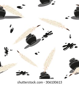 Seamless background with inkwell and pen goose vector