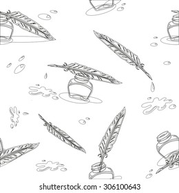 Seamless background with inkwell and pen goose vector