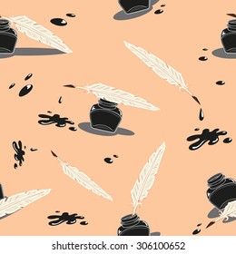 Seamless background with inkwell and pen goose vector
