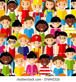 Seamless background of international set children. Seamless background with multicultural boys and girls in colorful style. 