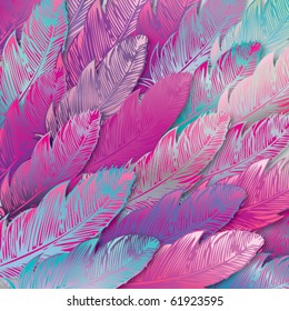 Seamless background of iridescent pink feathers, close up. Vector illustration.