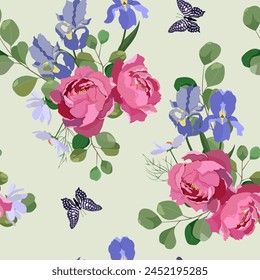 Seamless background with iris, eucalyptus, peony and butterflies. For decoration textile, packaging, wallpaper. Vector illustration.