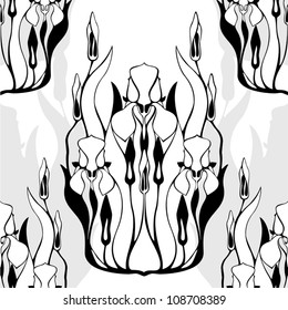 Seamless background with iris flower ornament. Vector black and white pattern