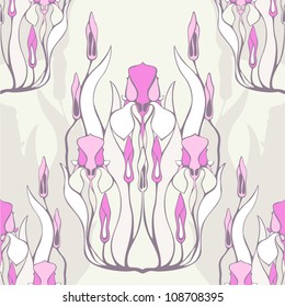 Seamless background with iris flower ornament. Vector pattern in pink colors