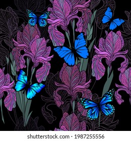 A seamless background of irises and butterflies. Vector illustration