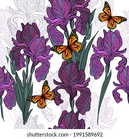 Un fondo fluido de iris y mariposas. Ilustración del vector