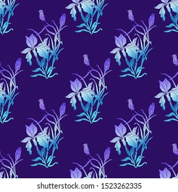Seamless background with Irises and leaves on the dark. Violet background. Vector botanical illustration. Vintage endless pattern with hand-drawn Irises flower.