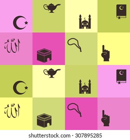 seamless background with islamic icons for your design ( with arabic calligraphy meaning "Allah" at English)