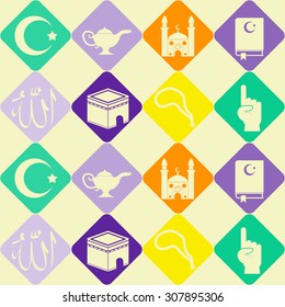 seamless background with islamic icons for your design ( with arabic calligraphy meaning "Allah" at English)