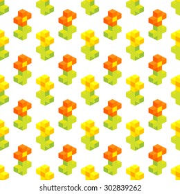 Seamless background of isometric flowers. Vector illustration in pixel-art style. Good use for game, poster, spring greeting card, summer illustration.