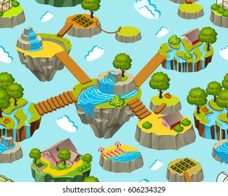 Fondo sin problemas de islas isométricas para juegos. Ilustración vectorial.