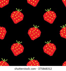 Seamless background of isometric strawberry. Vector illustration in pixel-art style on black