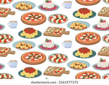 Seamless background with Italian cuisine. Flat pattern with spaghetti, caprese, pizza, bruschetta, ravioli, panna cotta, cappuccino 