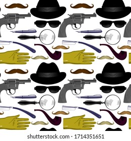 Seamless background of items for the detective. Hat, Smoking pipe, gloves, magnifying glass, pistol, weapon, glasses, mustache, pen, razor. Engraving of a stylized drawing. Vector illustration.