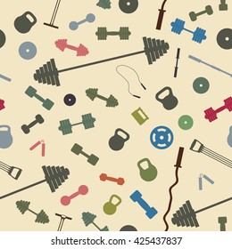 Seamless background from items of sports equipment, vector illustration.