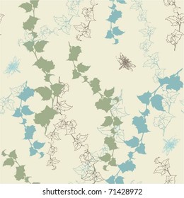 Seamless background with ivy and dragonflies.